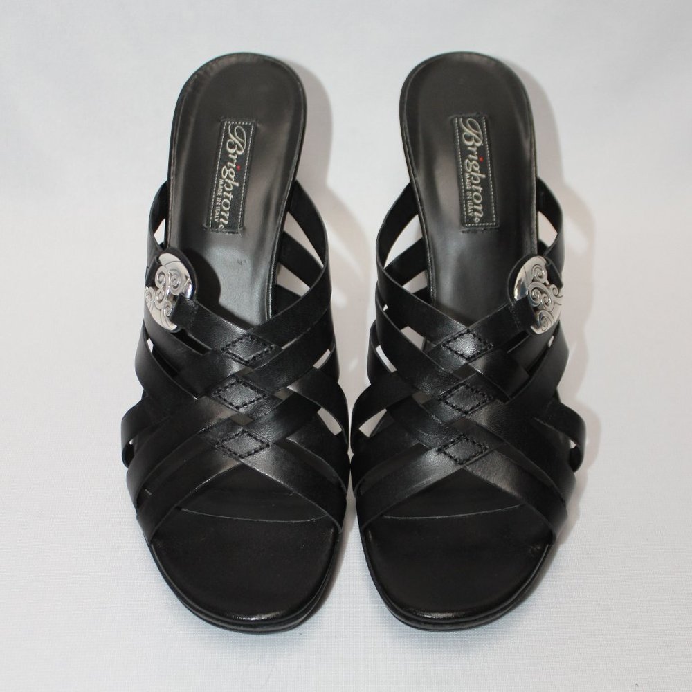 Brighton Black Strappy Slide Heels with Silver Accents
